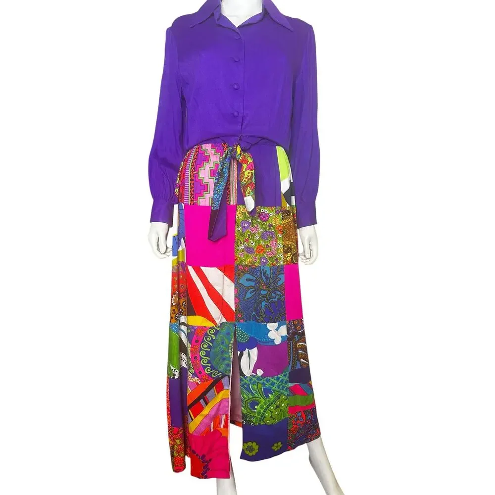 Vtg 1970s Krist Psychedelic Patchwork Maxi Dress Acrylic Barkcloth psychedelic